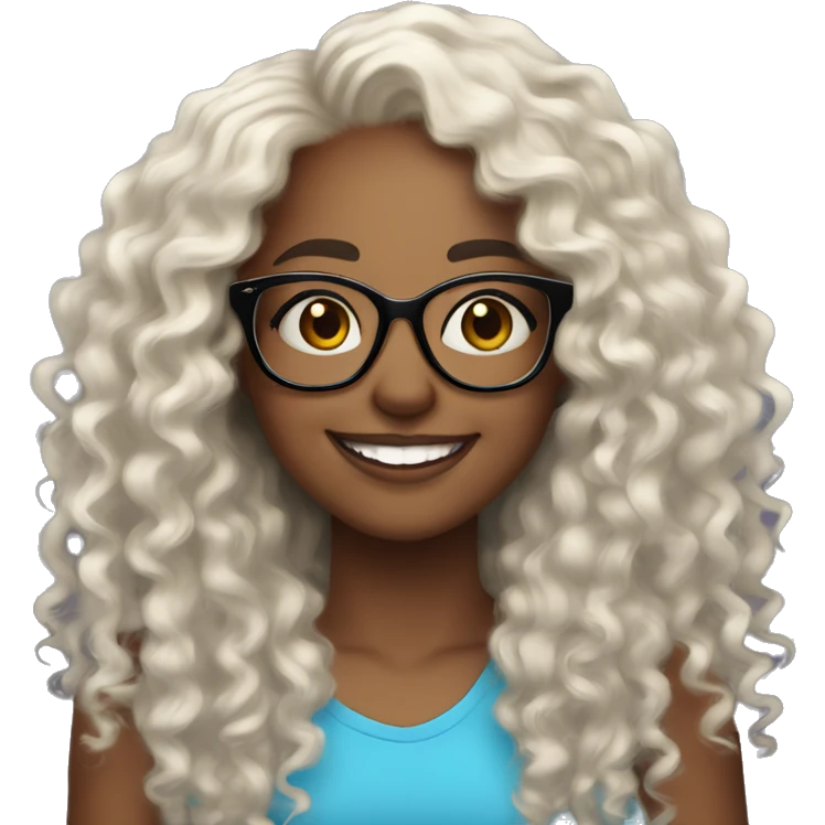 Girl, black light skin, curly black long hair, glasses. Pretty Smiling emoji