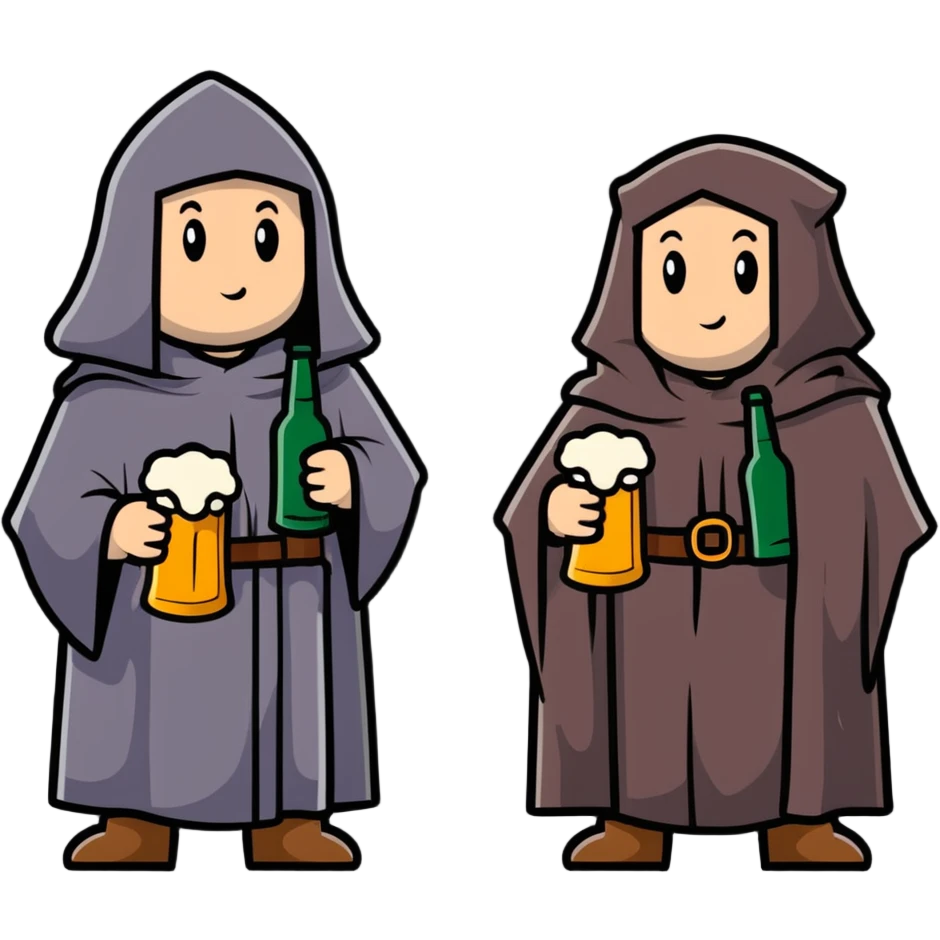 group of medieval pilgrims with cloaks and beer bottles emoji