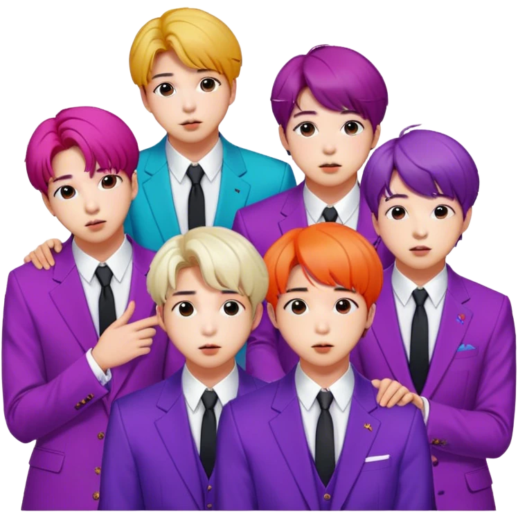 Cinematic Realistic group portrait of BTS featuring all 7 members in stylish modern attire, with detailed facial expressions and vibrant colors, captured in dynamic, contemporary lighting that emphasizes their global pop icon status emoji