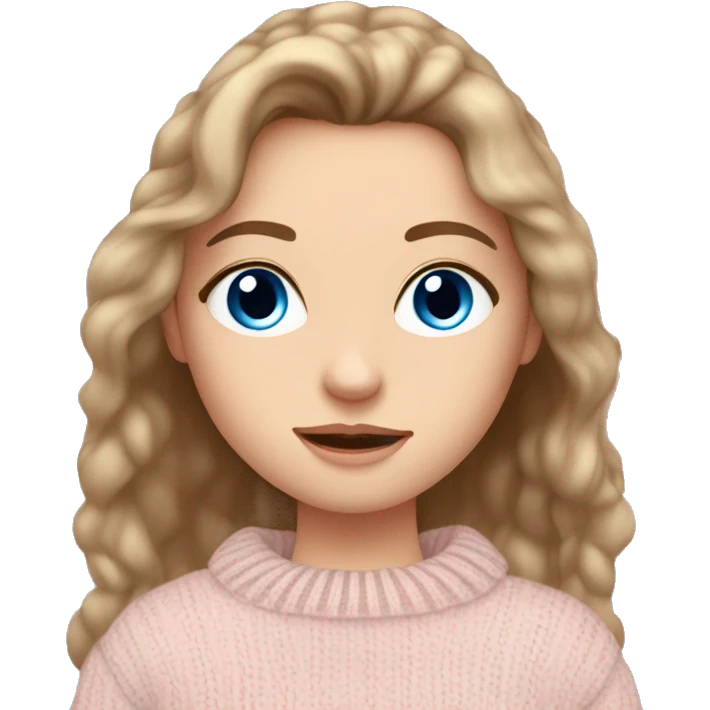 Pretty blue eyed white girl with brown hair with light pink sweater reading cozy emoji