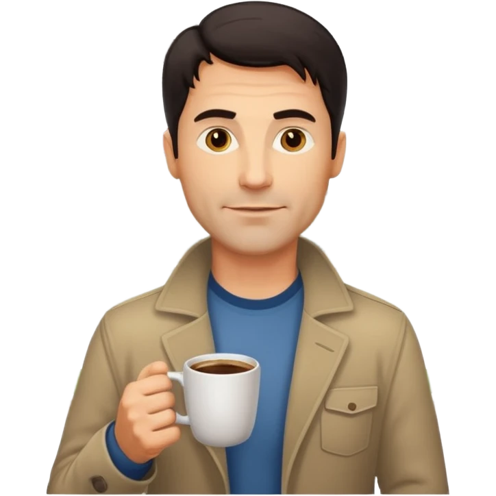A handsome 45 year old white man with dark hair in a very foggy park with a city view drinking a cup of coffee emoji