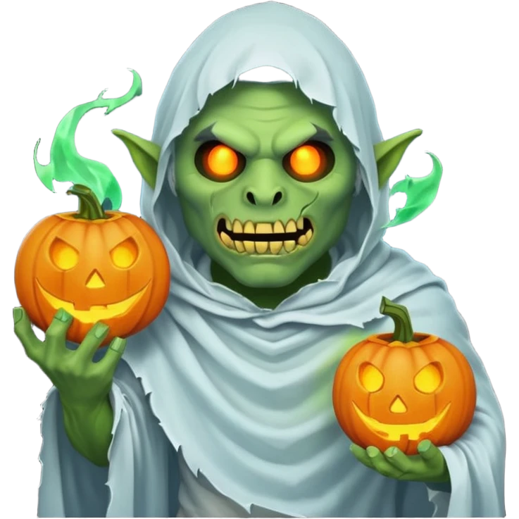 male orc ghost emoji, green skin, tusks, wearing torn white ghost sheet costume, holding glowing jack-o'-lantern, faint blue aura, friendly but spooky expression, Halloween fantasy theme, Apple emoji style, clean white background, square emoji