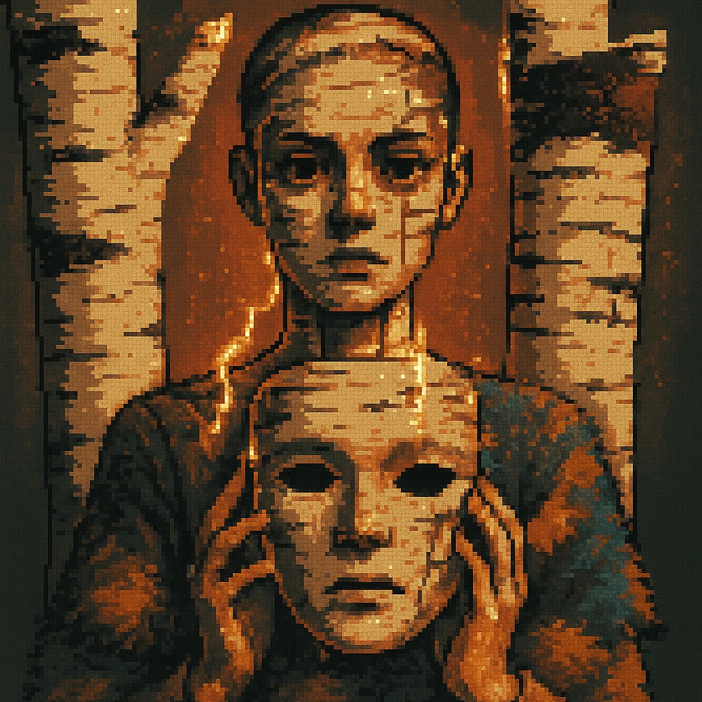 Create a surreal and imaginative pixel art style image of a woman holding a birch tree mask, inspired by the birch tree surreal character style from the references. The style should blend pixel art aesthetics with surreal elements, capturing the unique and imaginative essence of the birch tree character. emoji