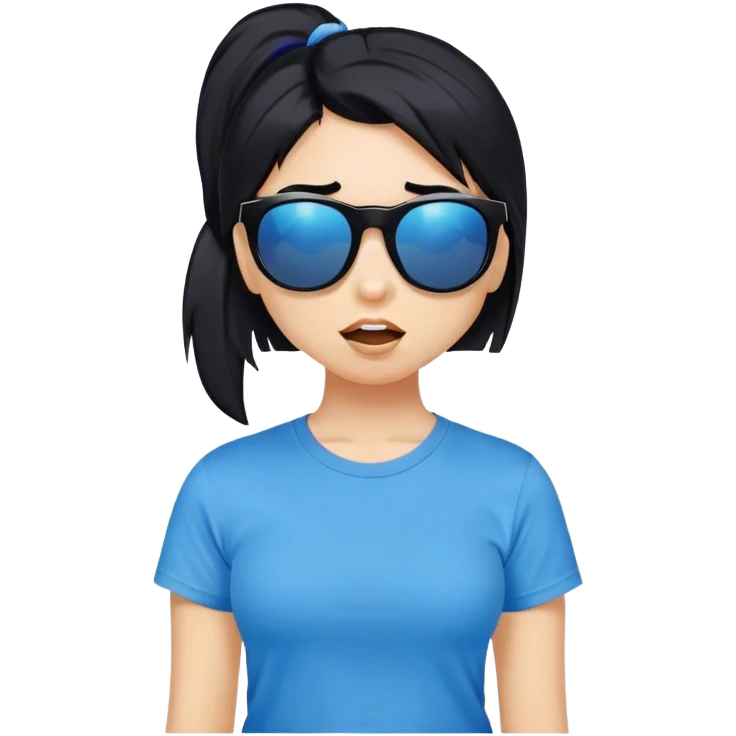 A girl with black bob hair with pony, wearing black sunglasses，funny(0.5) face (0.5)，wacky expression, a blue t-shirt.  emoji