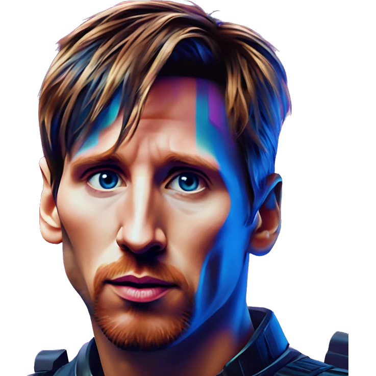 Synthwave Messi in bladerunner style, oil paint, epic eyes, intricate lips, exquisite pose, beautiful, desirable, logical emoji