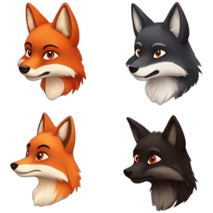 one red fox  one black fox one brown fox with red eyes emoji