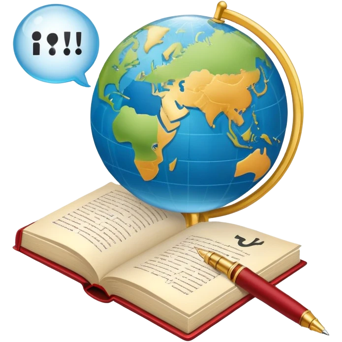 An icon featuring an open book, a speech bubble, and a pen, symbolizing philology and linguistics. The design includes a globe with language characters and grammar symbols, representing the study of languages and literature. Transparent background highlights language analysis. emoji