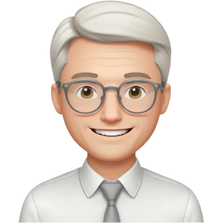 30 yr old pale white man, white/grey side swept stylish hair, round glasses, big smile, white teeth, handsome, longer hair, thin glasses, white dress shirt, smooth forehead, botox emoji