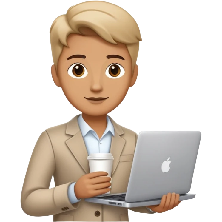 business owner confidently, holding a closed laptop in one hand and a takeaway coffee cup in the other. The character wears casual-smart clothes. emoji