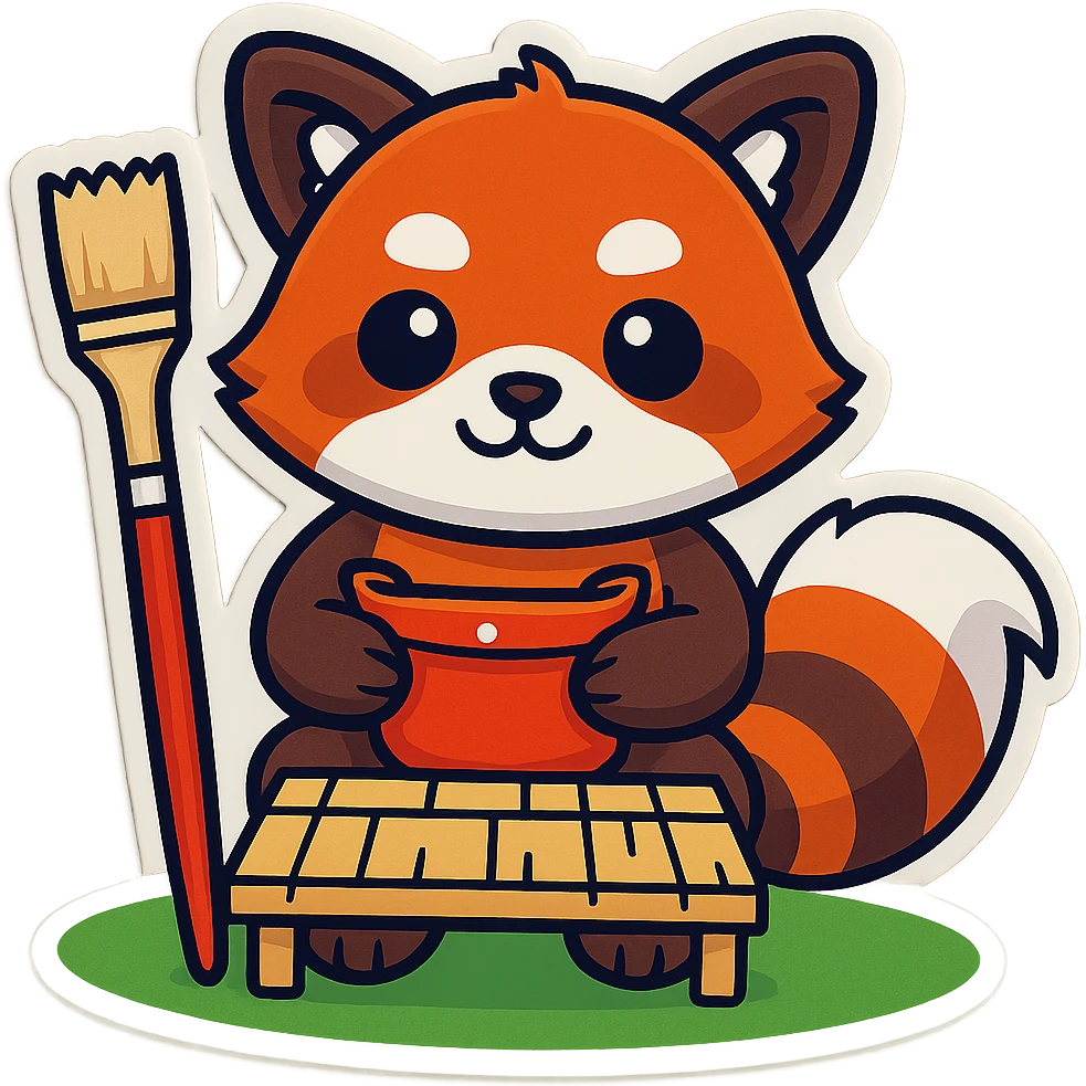 Red panda with brush and pallet, sticker style emoji