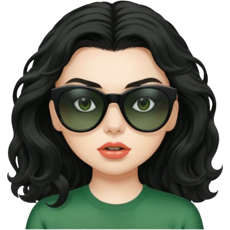 current charli xcx with her long black wavy hair, thick black sunglasses, pale skin, and a green top that said brat in the brat font. emoji