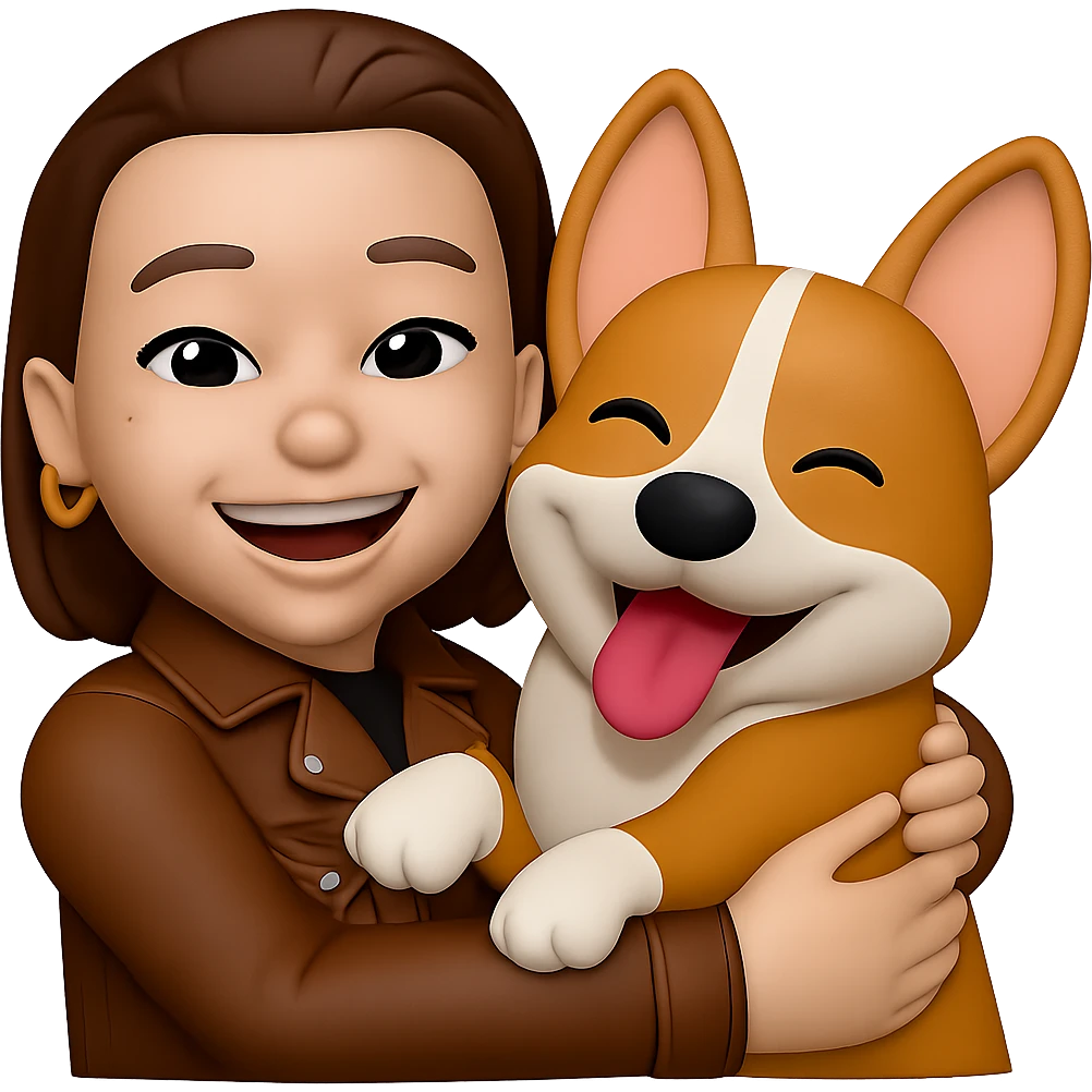 add a brown leather jacket to her while she is hugging a corgi dog, keep the golden ring earrings, same style emoji
