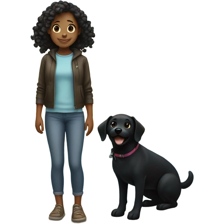 Smiling girl by ocean with black dog emoji