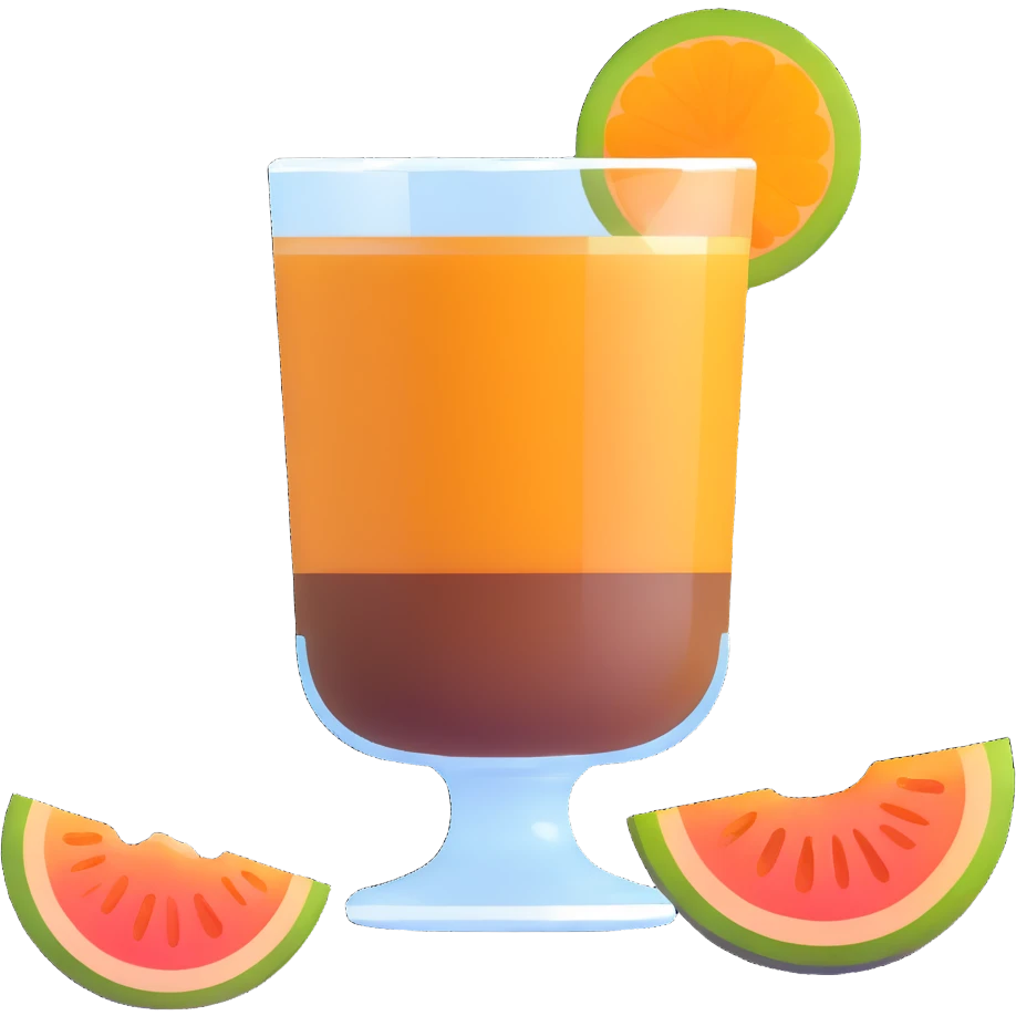 traditional layered carajillo in small clear glass showing golden liquor at bottom and coffee on top, with cantaloupe melon slice beside it emoji