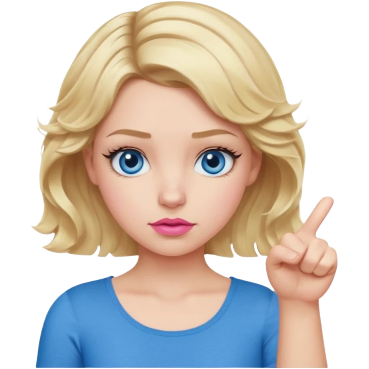 Girl Blonde short wavy hair,  blue eyes, cute blue top, long lashes, pink lips, showing thumbs down 👎  emoji
