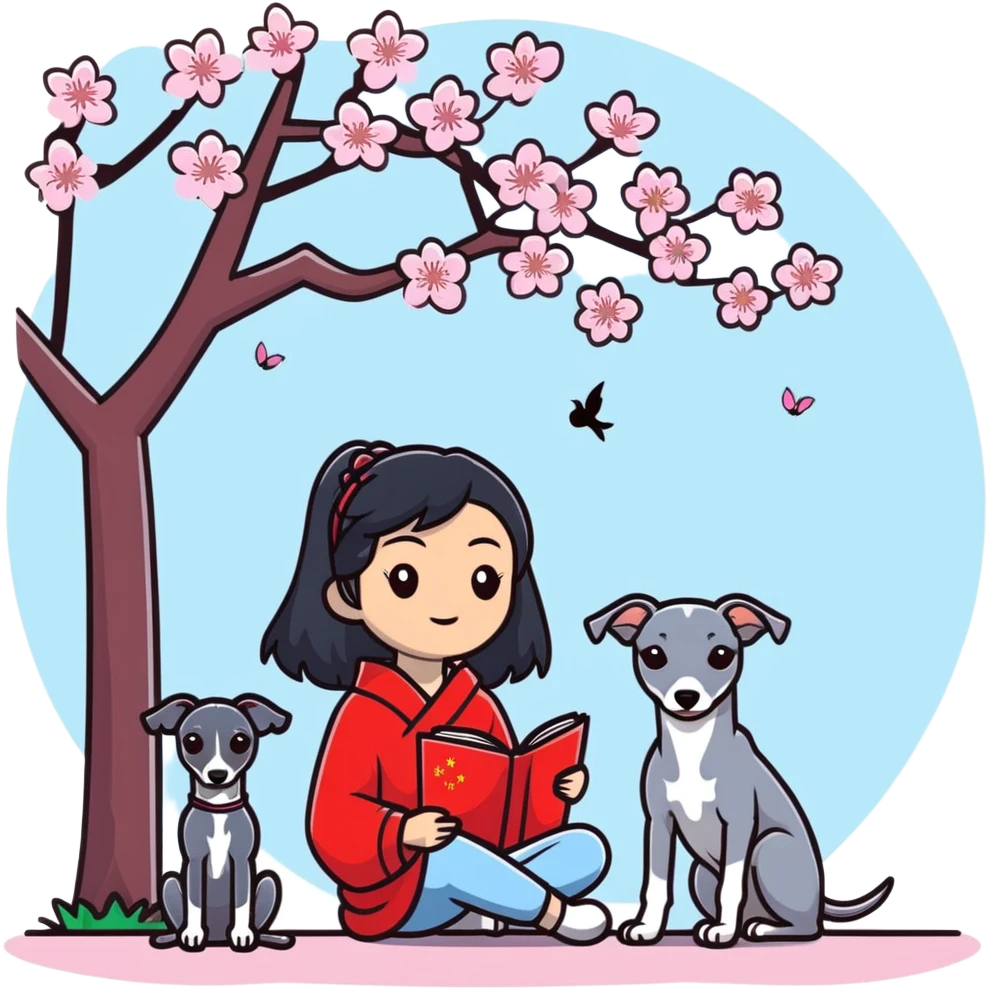 A beautiful 25-year-old Chinese woman with long black hair and a pure dark grey Italian Greyhound with absolutely NO white markings anywhere on its body sitting under a cherry blossom tree. The dog must be completely solid dark grey with no white on muzzle, paws, or chest. emoji