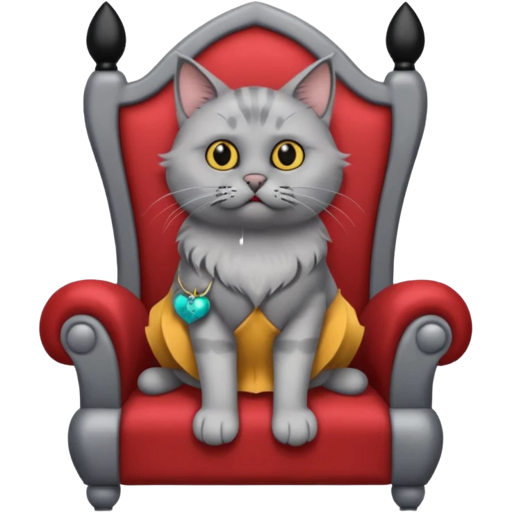 A gray cat with a black nose sitting on a throne looking at the world with disgust emoji