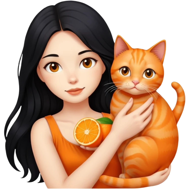 beautiful girl with long flowing black hair holding an orange ginger cat emoji