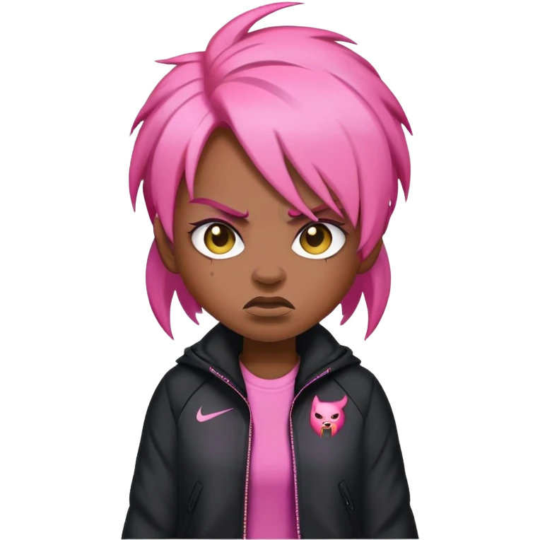 angry emoji with steam coming out of nose, pink hair, wearing black Nike jacket, dark skin tone emoji