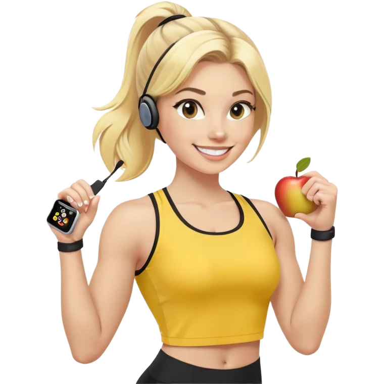 Sporty blonde woman in yellow top and black leggings, showing bicep, smiling, with wireless earbud and Apple Watch emoji