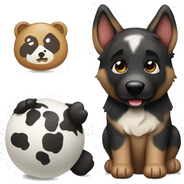 brindle colored german shepherd with a panda toy emoji