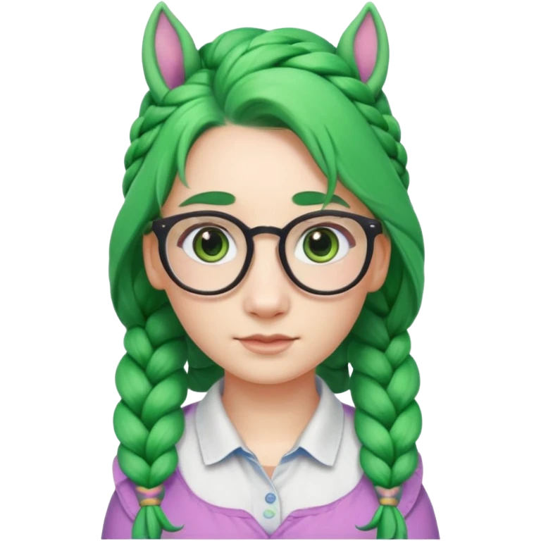 braided unicorn wiith big visible braids looking into the camera spectacled green hair and no ears emoji