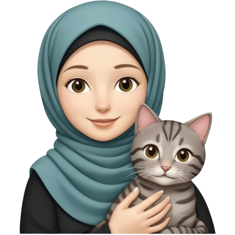 White girl wearing hijab smiling while holding a black grey tabby cat emoji