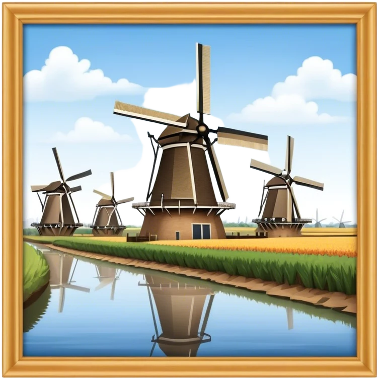 Cinematic Realistic Kinderdijk Windmills Landmark Emoji, depicted as a row of classic Dutch windmills set against a serene sky rendered with detailed textures and soft natural lighting. emoji