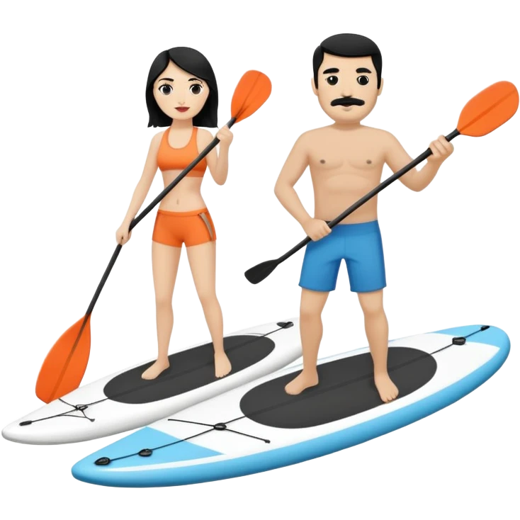Make a couple paddle boarding both white skin and black hair and the guy has a black mustache, both in the same paddle board emoji