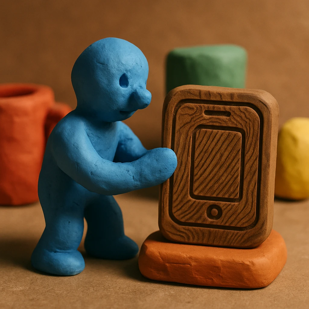 Make the smartphone icon look more like it is carved from wood, with wood grain texture, brown hues, and engraved lines, in a claymation style. emoji