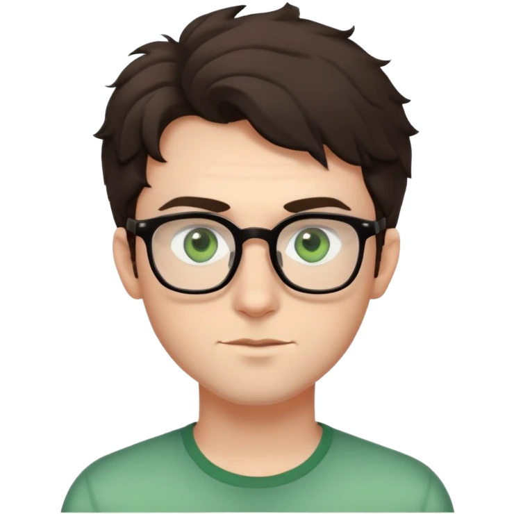 Young man with slightly curled dark brown poofy hair, green eyes wearing glasses, wide face with eyes set apart, bigger ears, pale skin, slightly bigger nose, and very light stubble emoji