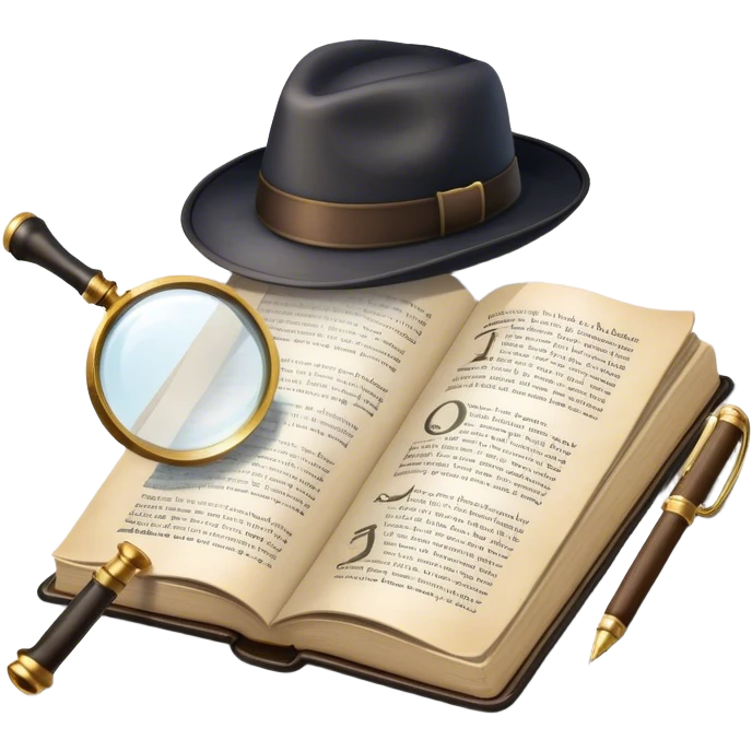 Icon for Detective Reading: an open book with text and a magnifying glass, a detective’s hat and a notebook with clues, surrounded by dark shadows and mysterious elements like footprints. Transparent background. emoji