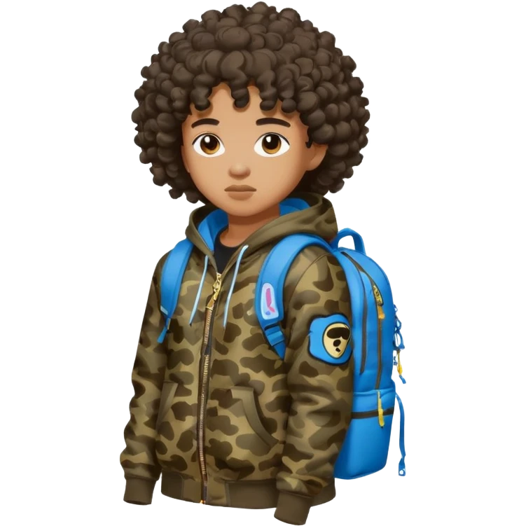blasian teenager with curly hair, and bape x sprayground hoodie and sprayground backpack emoji
