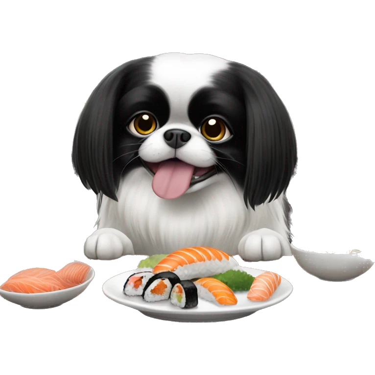 Black and white-colored Japanese Chin dog eating sushi at a restaurant  emoji