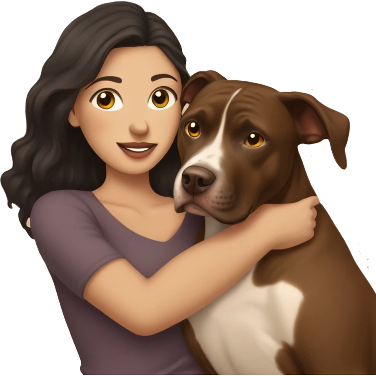 A woman with dark hair and brown eyes is hugging a ball over brown pitbull femail dog with golden eyes with cropped ears  emoji