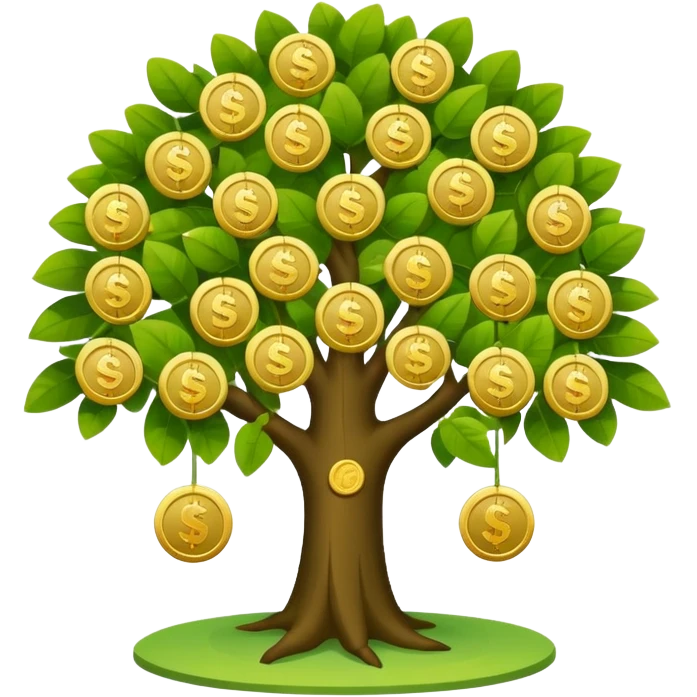 Apple-style money tree (not so mush coins), round soft green canopy.
No pot, no ground — only the tree.
Small gold coins as fruits inside the leaves (not below).
Flat 2D vector, clean shapes, no gradients.
Dark near-black background, premium fintech icon. emoji