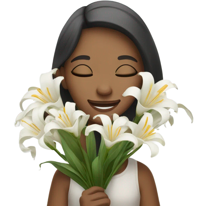 a closed- eyes girl holding a bunch of white lily smiling emoji