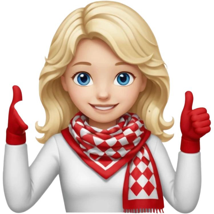Blonde Girl, Blue Eyes, wavy hair, smiling, thumbs up, wearing red Checkered Triangle scarf, white dress emoji