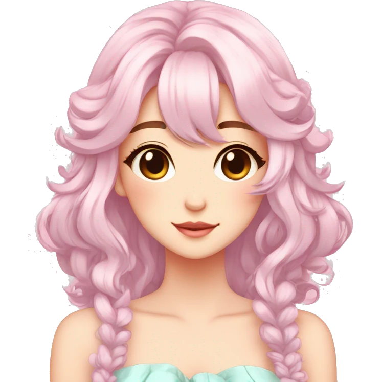 Gorgeous pastel anime style lady with blushing face and hair garnitures and pretty hair aesthetic trending style emoji