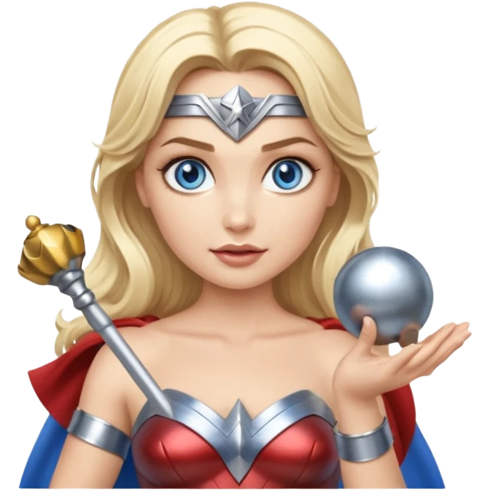 Blonde blue eyes Wonder Woman holding bell and short white baton emoji