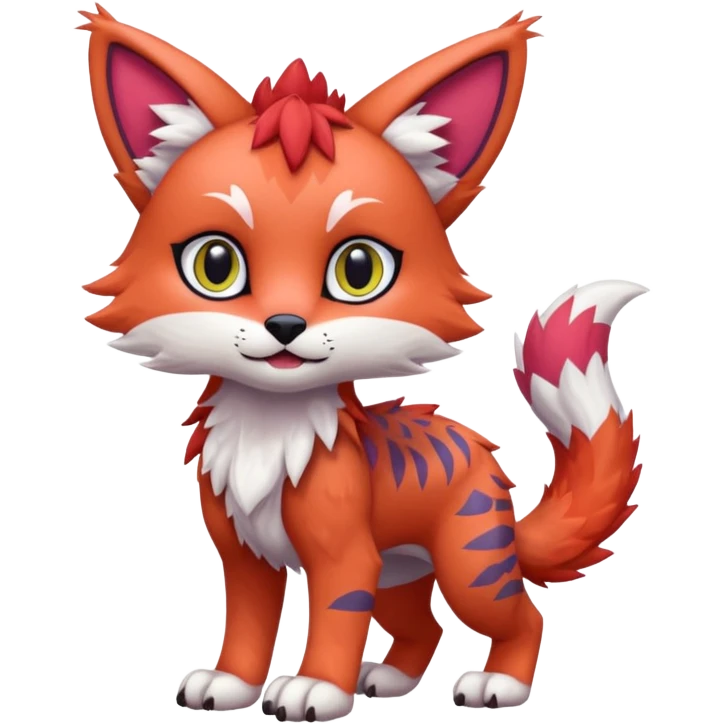 Colorful tropical reddish kawaii cute Lynx-Trico-Sergal-Wolf-Vernid-Fakémon-Pokémon-creature (full body) emoji