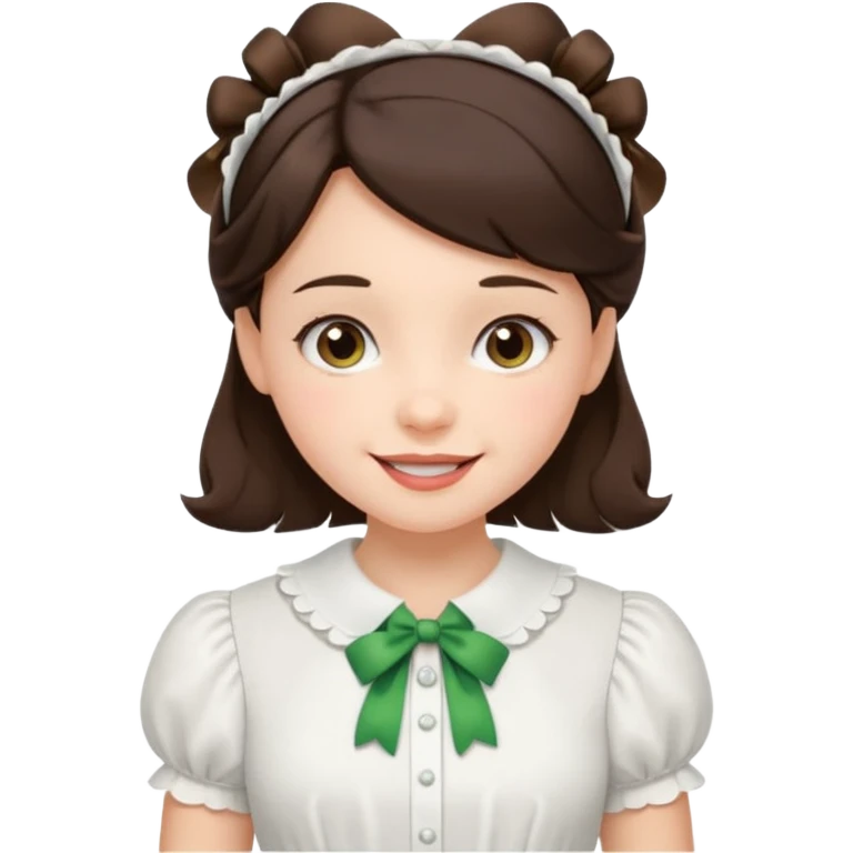Brunette girl cute smile with bows in her hair pretty normal strip withe blouse till middle hip  emoji
