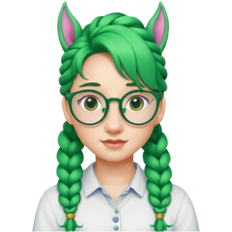 braided unicorn wiith big visible braids looking into the camera spectacled green hair emoji
