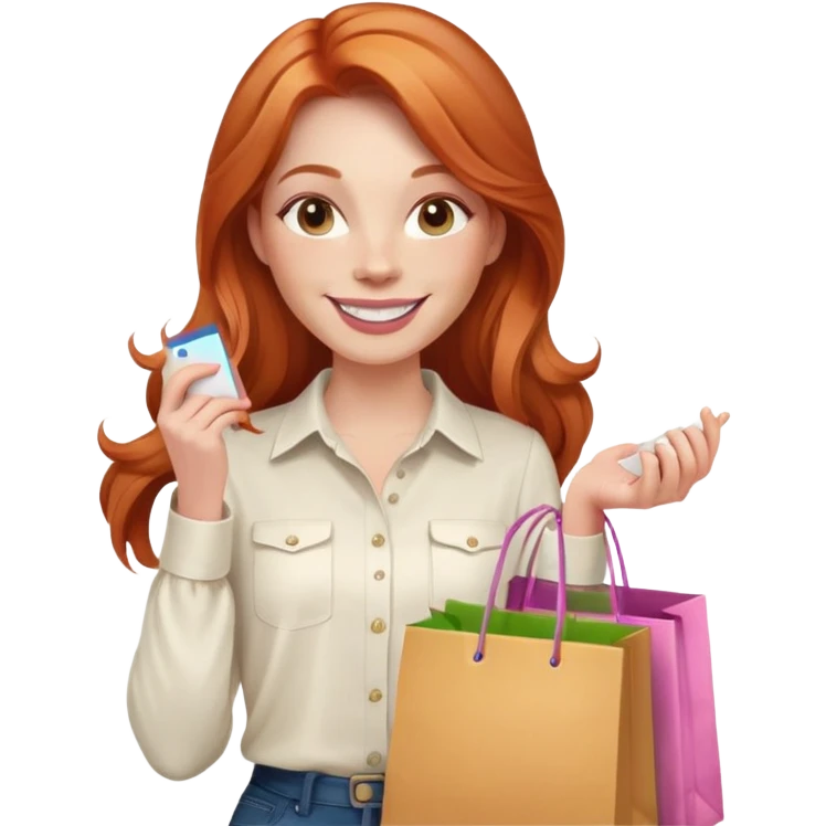 Shopping ginger woman smiling pink cheeks long hair holding bags cream shirt emoji