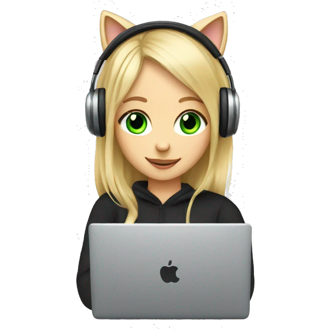blonde girl green eyes with cat headphones and laptop emoji