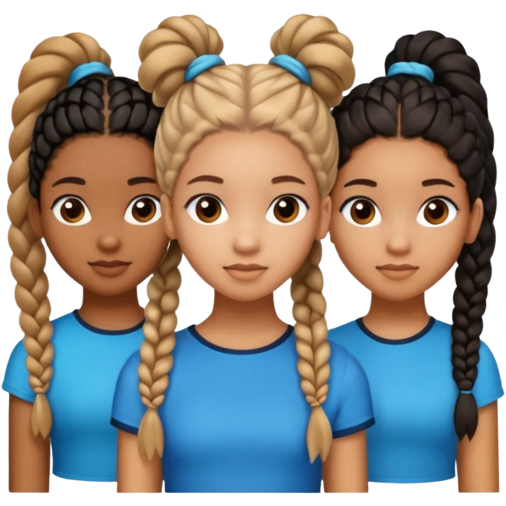 3 black teenage girls. One with shoulder length long curly hair and a little light skinned. One with Carmel skin with two long straight ponytails. One a little darker with 6 straight back braids going into buns in the back emoji