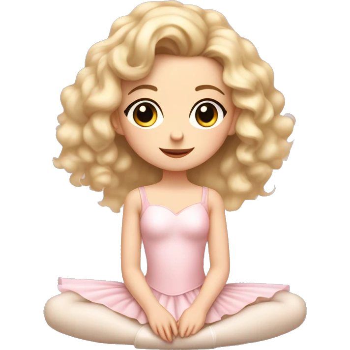 little girl with pale skin curly blonde hair and brown eyes wearing a light pink ballet outfit sitting on the floor emoji