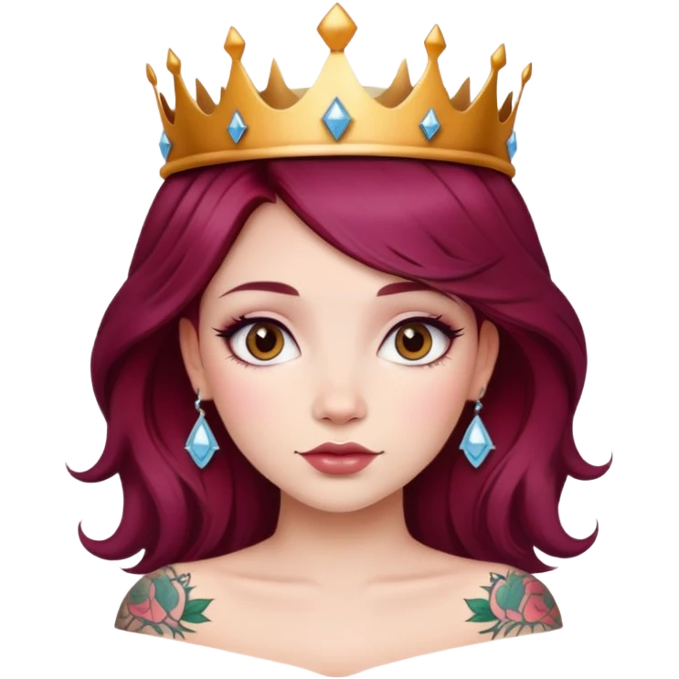 Beautiful tattooed long burgundy haired girl wearing a princess crown emoji