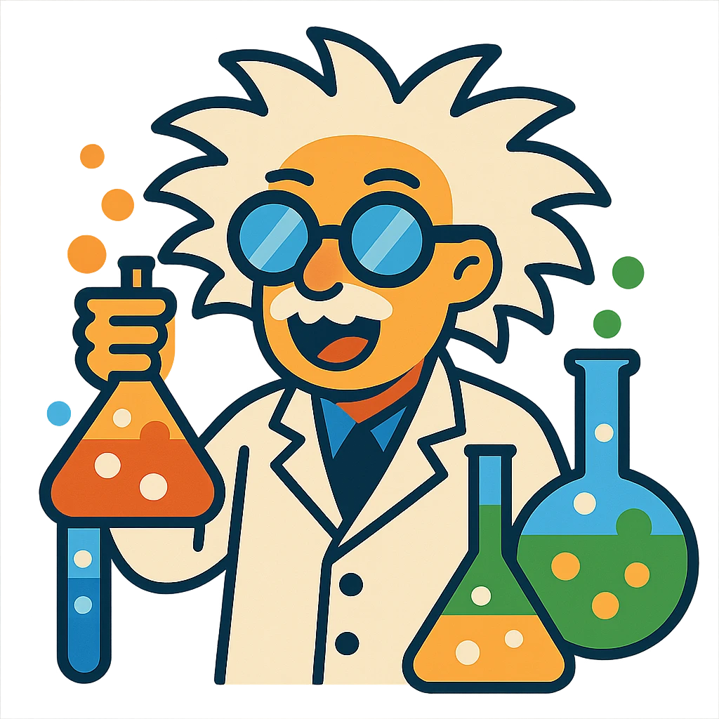 scientist with wild hair and goggles, surrounded by bubbling test tubes emoji