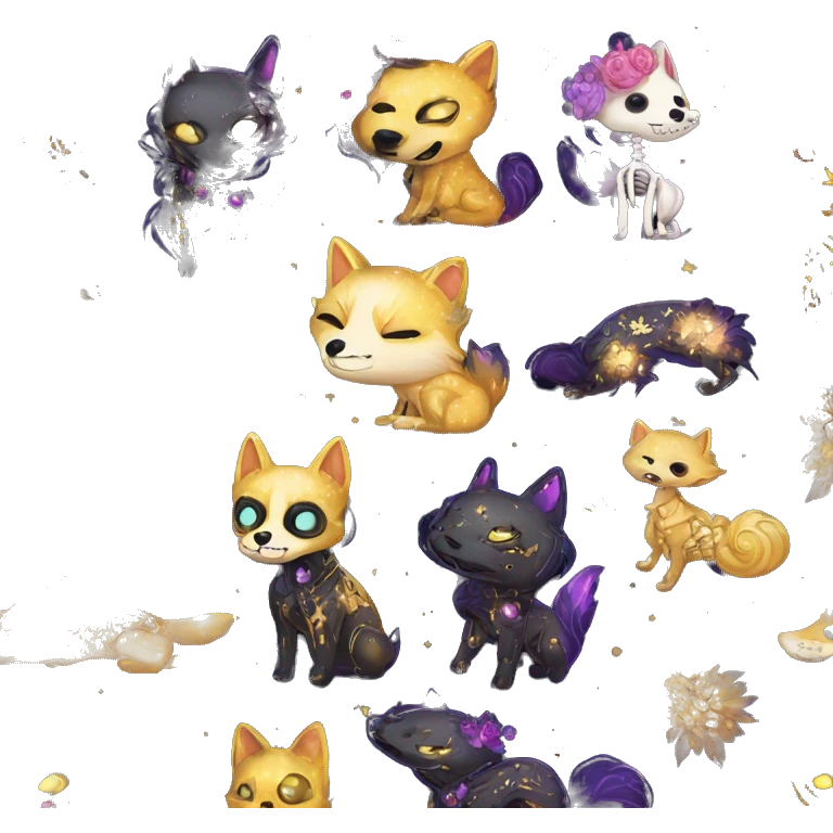 Black iridescent dog fox zombie skeleton gold mechanical nebula galaxy stars flowers fairy lights vintage emoji